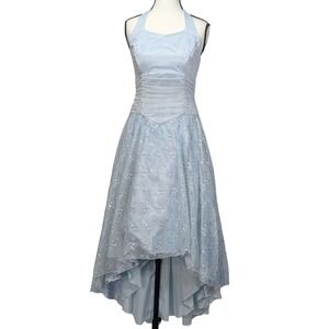 CW Designs Baby Blue Halter Neck High Low Gown Sequins Formal Dress Size S